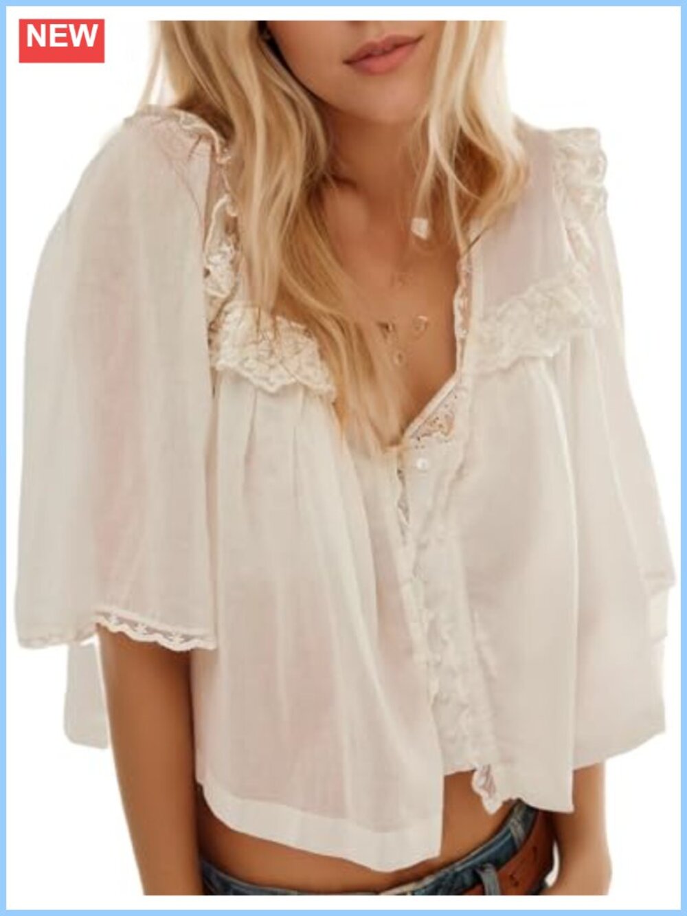 Women's Oversized Crop Boho Lace Half Sleeve Button Down V-Neck Blouse